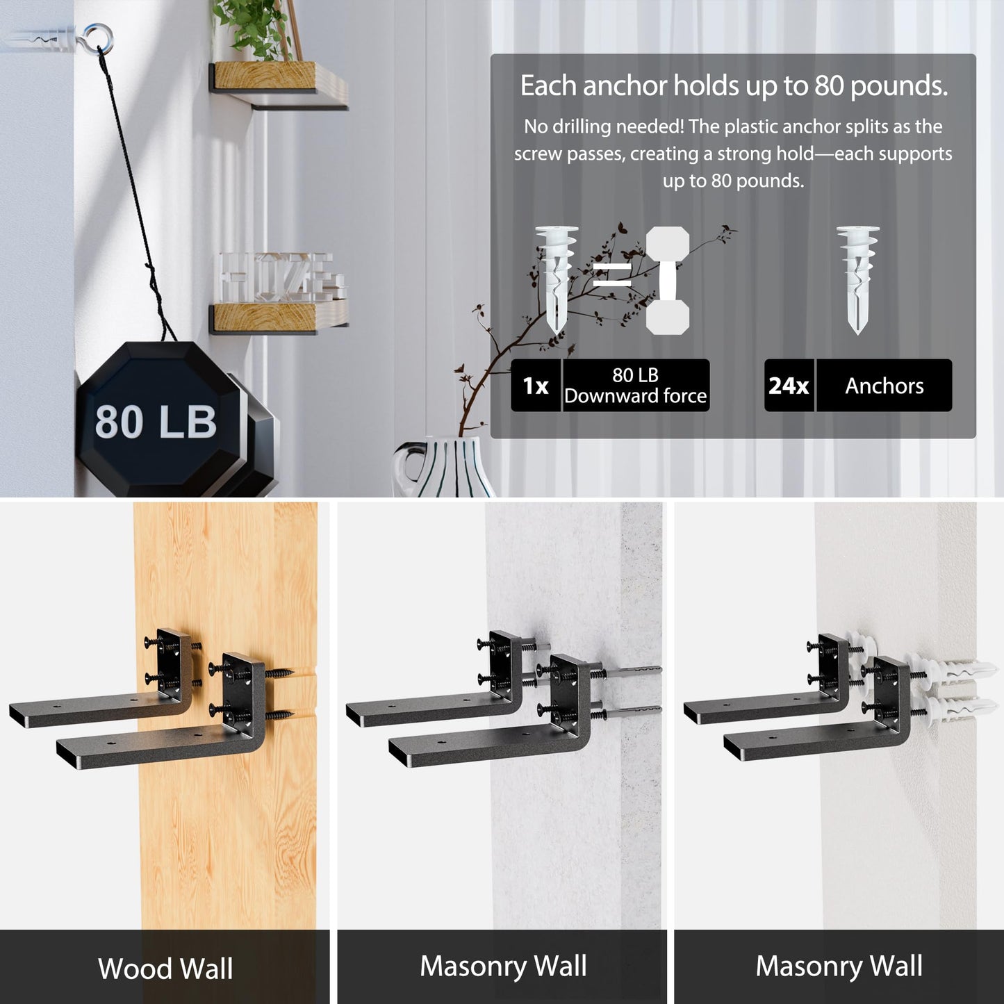 Heavy Duty Metal Shelf Brackets 4-Inch, Set of 4, Modern Black Matte Finish, 1/5" Thick Steel, Easy-to-Install, Strong Support for Shelves, Versatile & Stylish