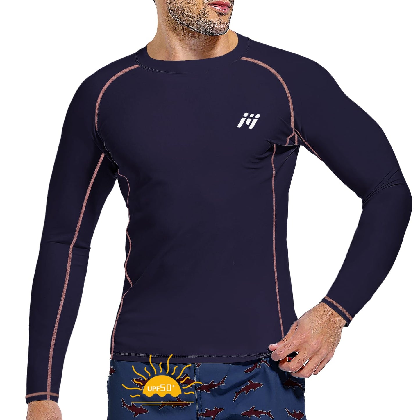 Sun Protection Swim Shirts for Men: SPF UPF 50+ UV Long Sleeve Rash Guard for Fishing Hiking Running Workout Athletic Navy Blue