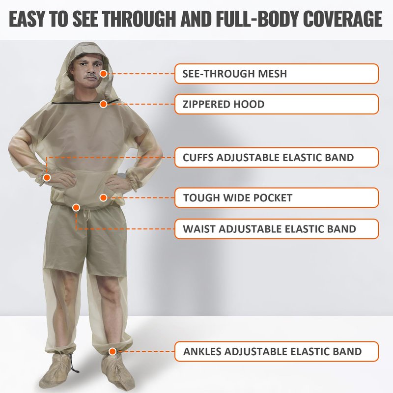 Mosquito Bug Suit for Men Women, 4 Pcs Full Body Mosquito Net Suit Including Mosquito Jacket with Hood, Pants, Gloves, Socks Breathable Mesh Mosquito Proof Clothing for Fishing, Hiking, Gardening