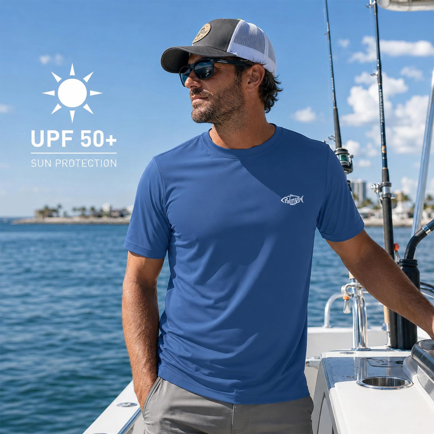 Palmyth Men's Fishing Shirt Short Sleeve T-Shirt Sun Protection UV UPF 50+ Tee Navy Skull Pirate Large
