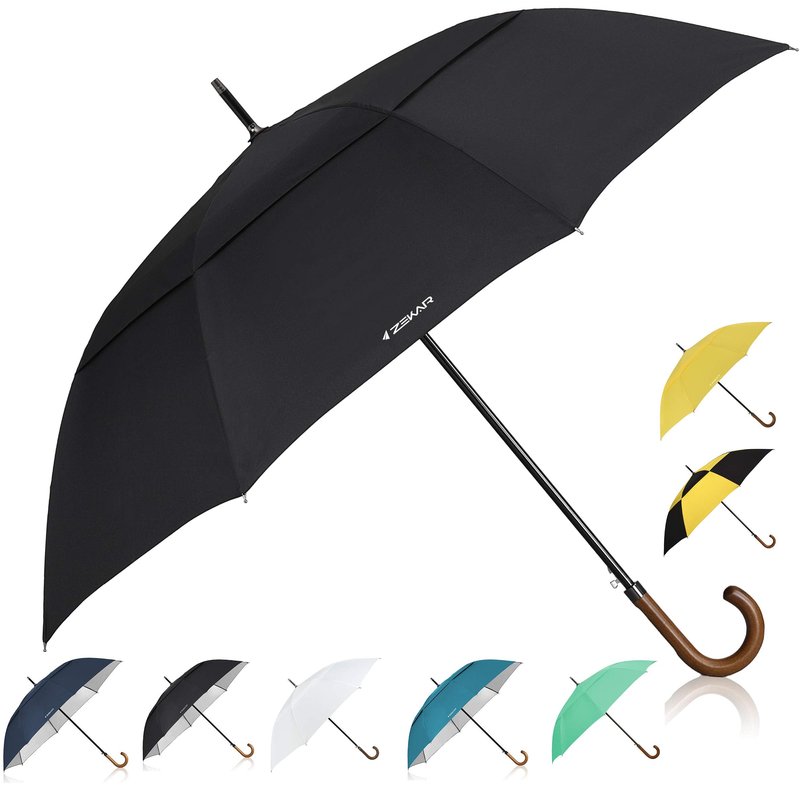 ZEKAR Wooden J-Handle Umbrella, 54/62 inch, Classic Large Windproof Stick Umbrella, Auto Open for Men and Women Golf umbrella (Yellow, 62”)