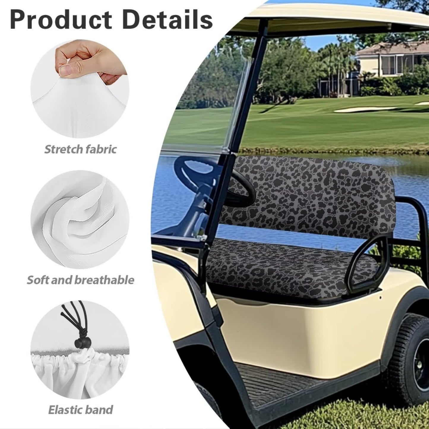 FUIALDOLG Grey Black Leopard Golf Cart Front + Rear Seat Cover Set Easy to Install Golf Cart Seat Covers Kit Bench Seat Covers Kit Printed Golf Car Accessories