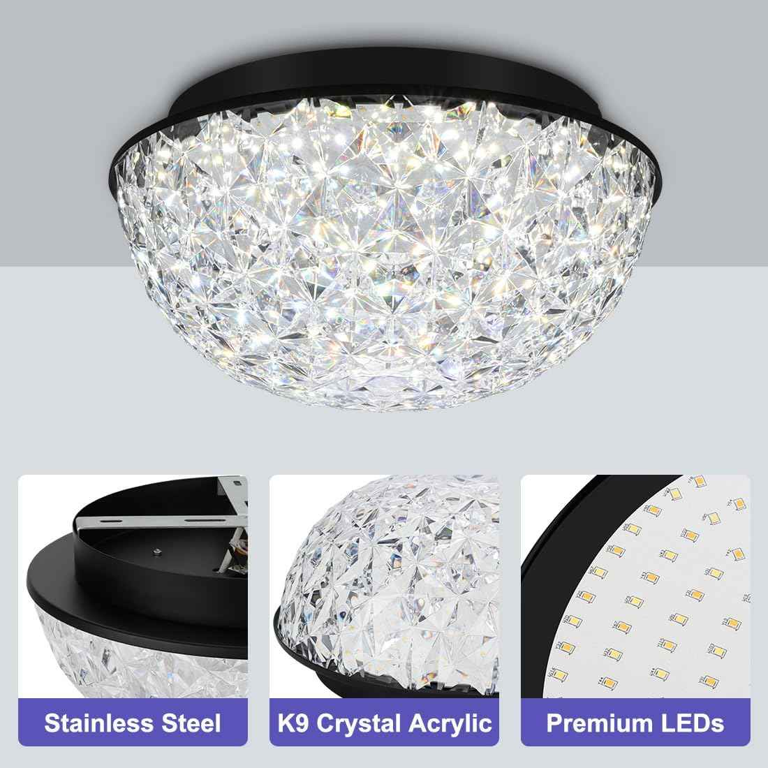 12" Dimmable Modern Crystal Chandelier - LED Flush Mount Ceiling Light for Dining Room, Entryway, Kitchen & More - ETL Listed Black