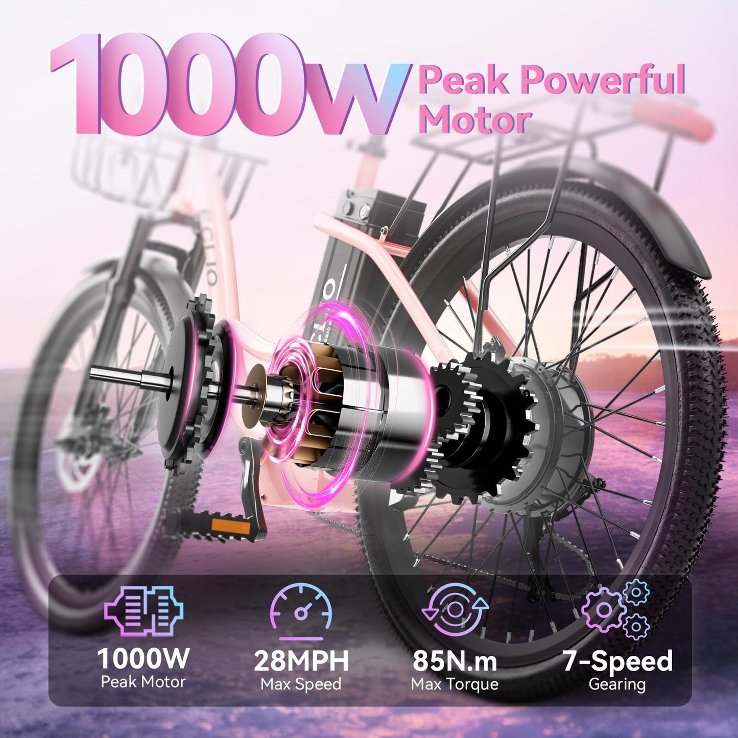 24'' Electric Bike for Adults, Peak 1000W Motor 28MPH, 48V 13Ah Removable Battery 75Miles, Step Through City Cruiser Ebike, Commuter E-Bike with 7-Speed and Front Basket, UL 2849 Certified (Pink)
