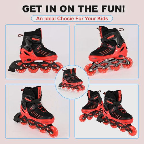 Kids Inline Skates for Girls Boys with All Wheels Illuminating, Adjuatable Mens and Womens Roller Skates Blades for Beginner in Outdoor and Indoor (Black&Red, Medium - Big Kids)