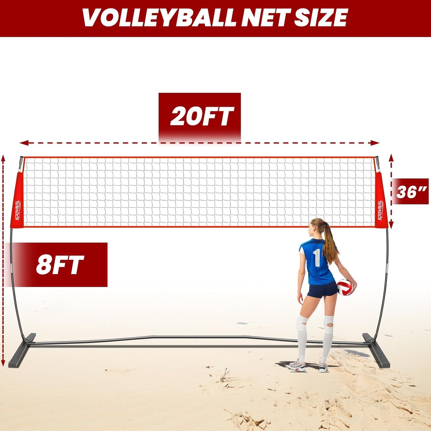 Skiennix Portable Volleyball Net - Adjustable Height Freestanding Set for Indoor/Outdoor Use | 12FT/20FT Size