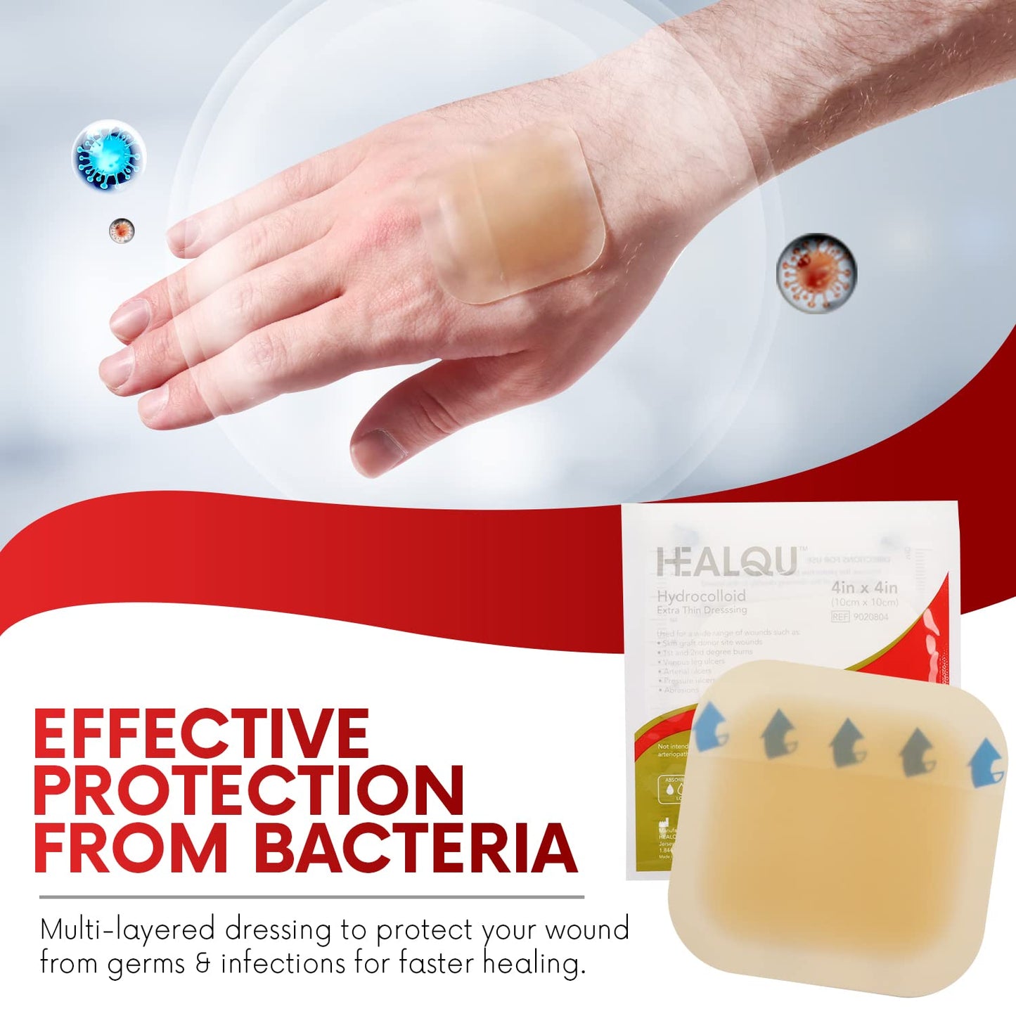 Healqu Hydrocolloid Wound Dressing - 4x4" Bordered - Box of 10 Large Bandages - Sterilized Bordered Hydrocolloid Patches for Bed Sores, Abrasions, and More - Waterproof and Absorbent with Protective