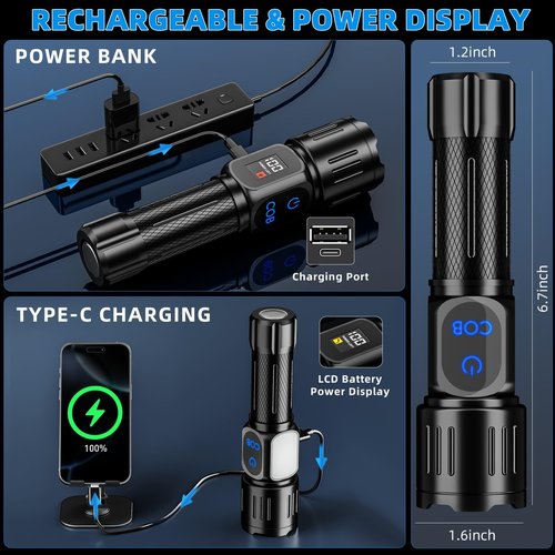 Dszuu Rechargeable LED Flashlight, Super Bright 99000 High Lumens Flash Light, 9 Modes Zoomable Flashlight with LCD Display, Waterproof Tactical Flashlights for Camping, Home Emergency