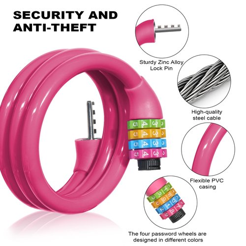 Ainiv 25 Inch Bike Lock Cable, Portable Anti Theft 4 Digits Codes Cable Locks, Resettable Combinations Coiling Bicycle Lock for Bike, Motorbike, Scooter, Skateboard, Gate, Fence (Rose Red)