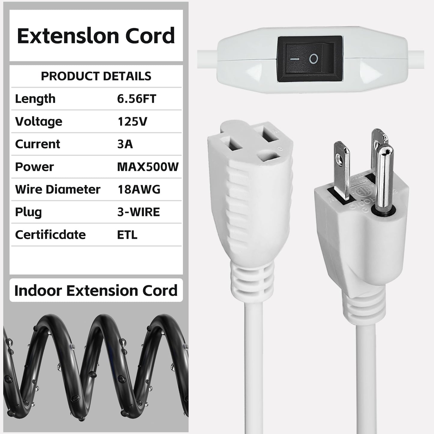 Extension Cord with Switch On/Off, 6.56 FT, 3 Prong Grounded Plug 18 AWG Extension Cord Switch Indoor Power Cord, 125V 3A NEMA 5-15P to NEMA 5-15R, Insulated & Flame Retardant, Indoor Use, Black