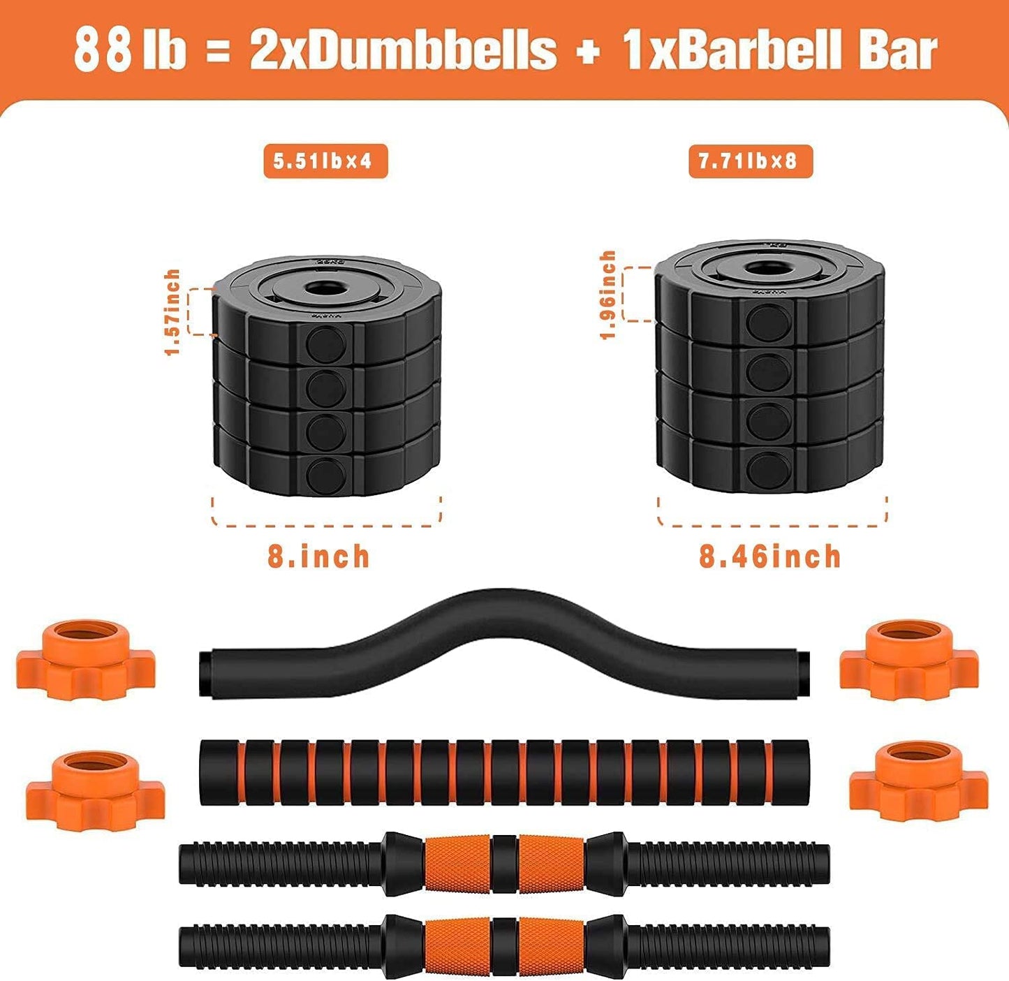 86 lbs BOSWELL 3 in 1 Adjustable Weights Barbell Dumbbells Set, Non-Slip Neoprene Hand with Connecting Rod for Adults Women Men Workout Fitness,Home Gym Exercise Training Equipment