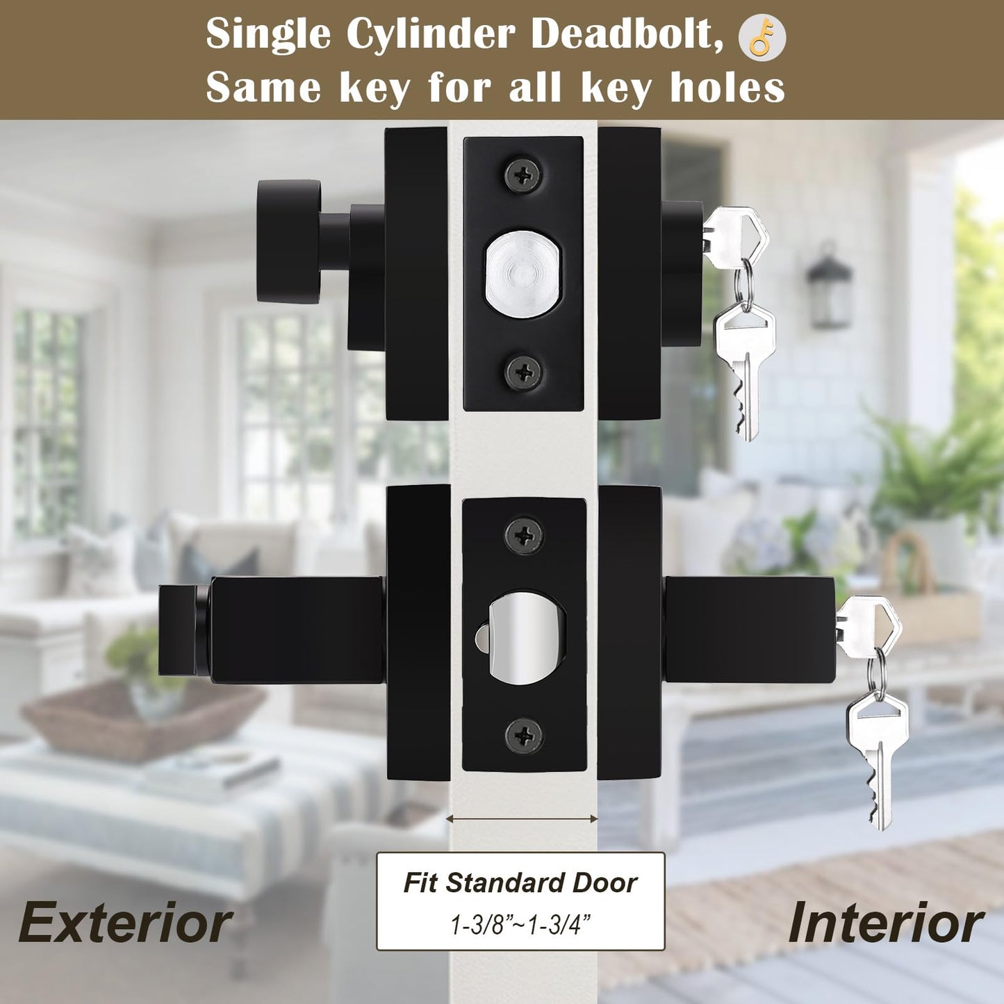 Brotima 2 Pack Keyed Entry Door Lever and Single Cylinder Deadbolt Set, Keyed Alike Reversible Lockset, Matte Black Square Interior/Exterior Handleset for Bedroom, Front Door