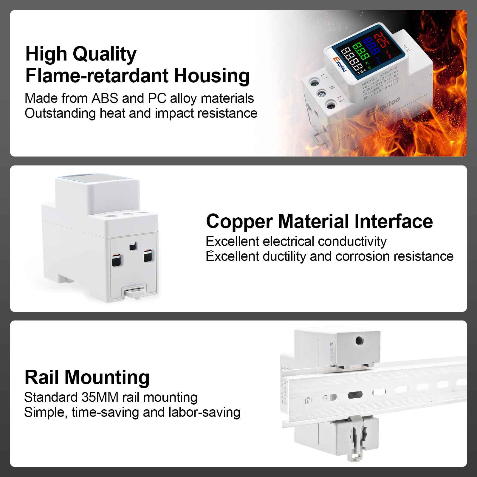 Exqutoo Multi-Function Energy Meter Color Digital Energy Meter - Measurement of AC Volts, Amps, Hertz, Watts, PF and Kilowatt-Hours - GT2P-E, AC 80~270V, 0~100A, 0~25KW, 50/60Hz, Rail-Mounted Meter
