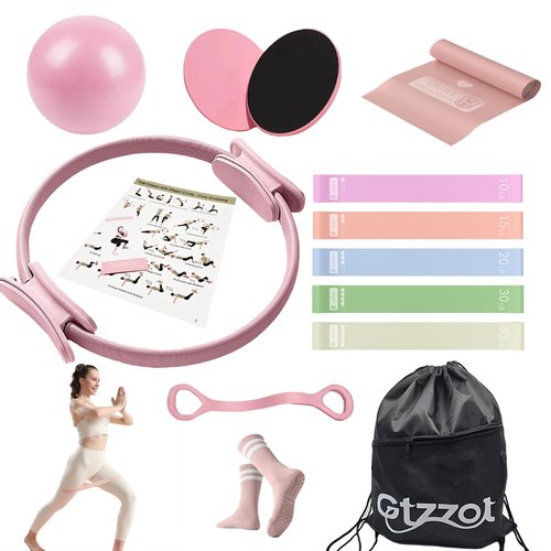 Gtzzot Pilates Ring Essentials Kit for Women, Soft Macaron Creams - Yoga Exercise Equipment Set for Home Workouts with Magic Circle, Mini Ball & Accessories - Fitness Ring Set for Beginners (Pink)