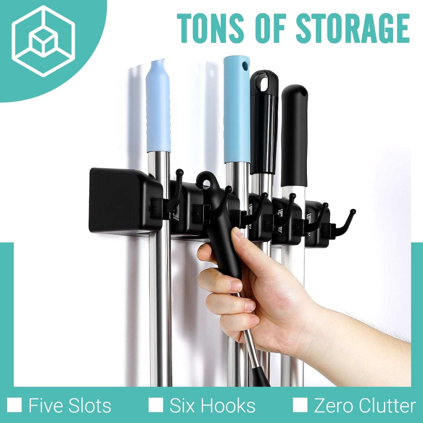 InPoTo Broom and Mop Holder, Wall Mounted Organizer Mop and Broom Storage Tool Rack with 5 Ball Slots and 6 Hooks (1Pack)