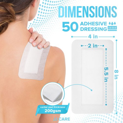 JJ CARE Adhesive Island Dressing [Pack of 50], 4” x 8” Sterile Bordered Gauze, Breathable Island Wound Dressing, Individually Wrapped Adhesive Gauze Bandages with Non-Stick Central Pad
