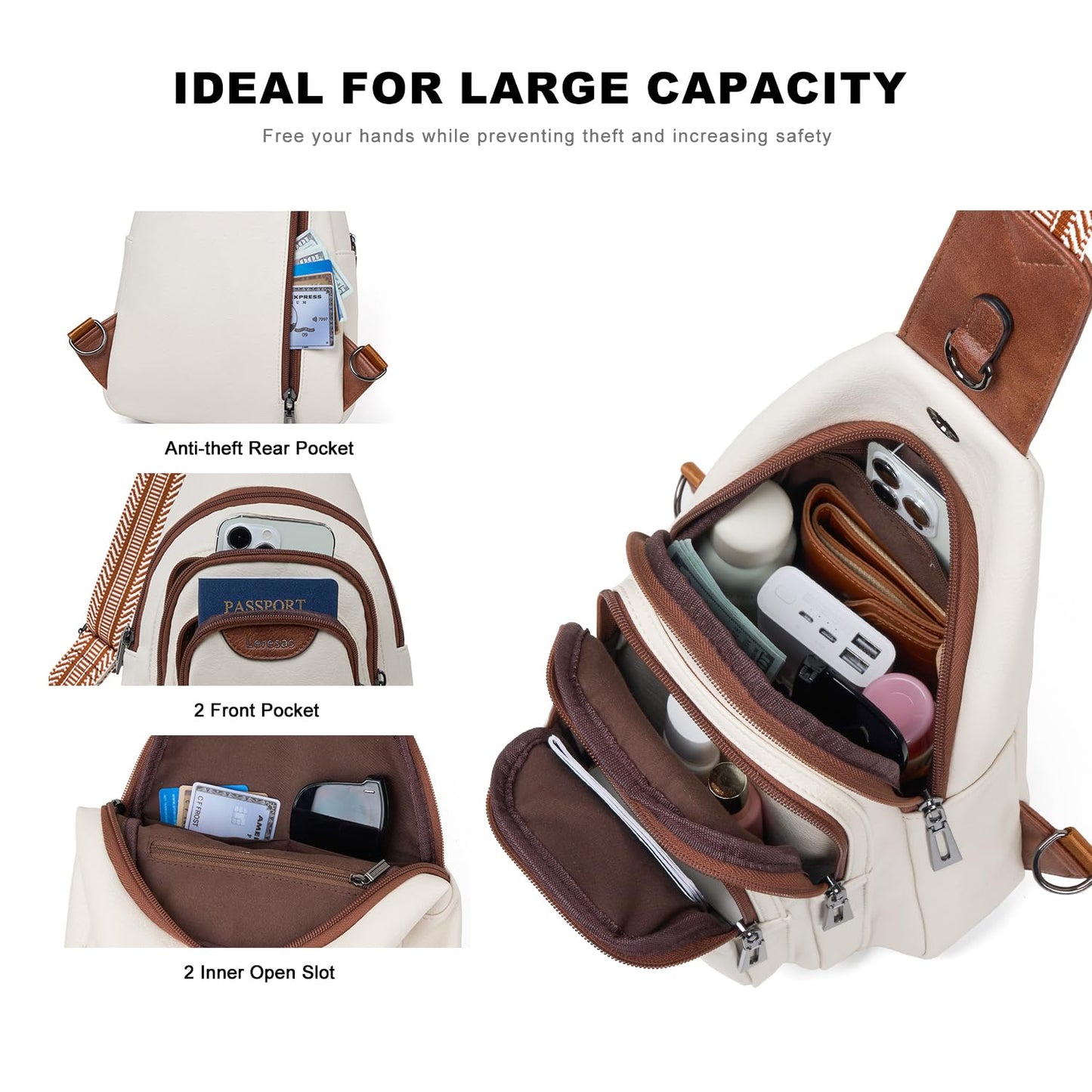 Leresas 10L Crossbody Sling Bag for Women Men Anti Theft Cross Body Fanny Pack Belt Bag Purse Gifts for Women Faux Leather, Beige Brown