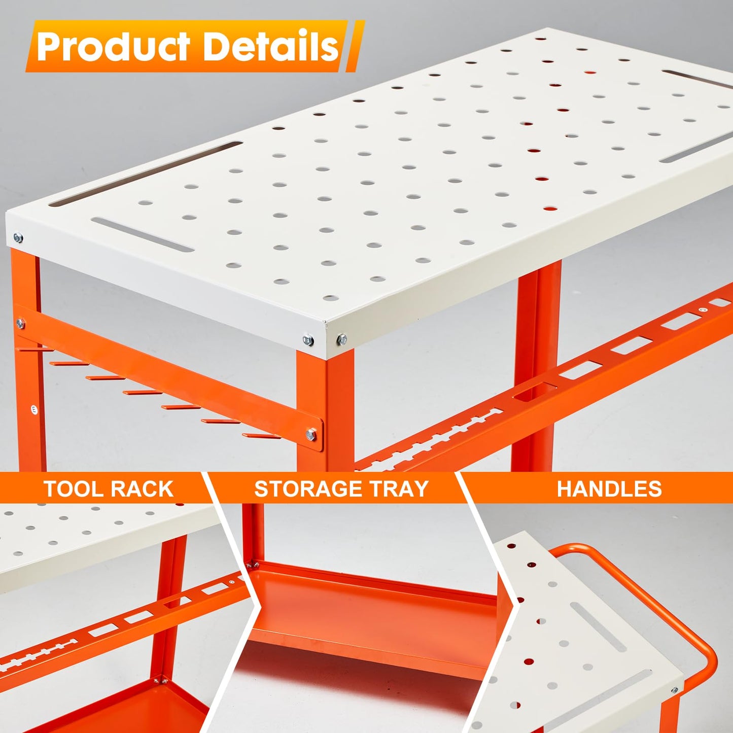 GVGBUK Movable Workbench Table,35.8“x 18.1”Welding Table,1200LBS Static Weight Capacity,Sawhorse Tool Slots and Fixture Holes（5/8-inch Fixture Holes）,4 Wheels (4 with Brake)