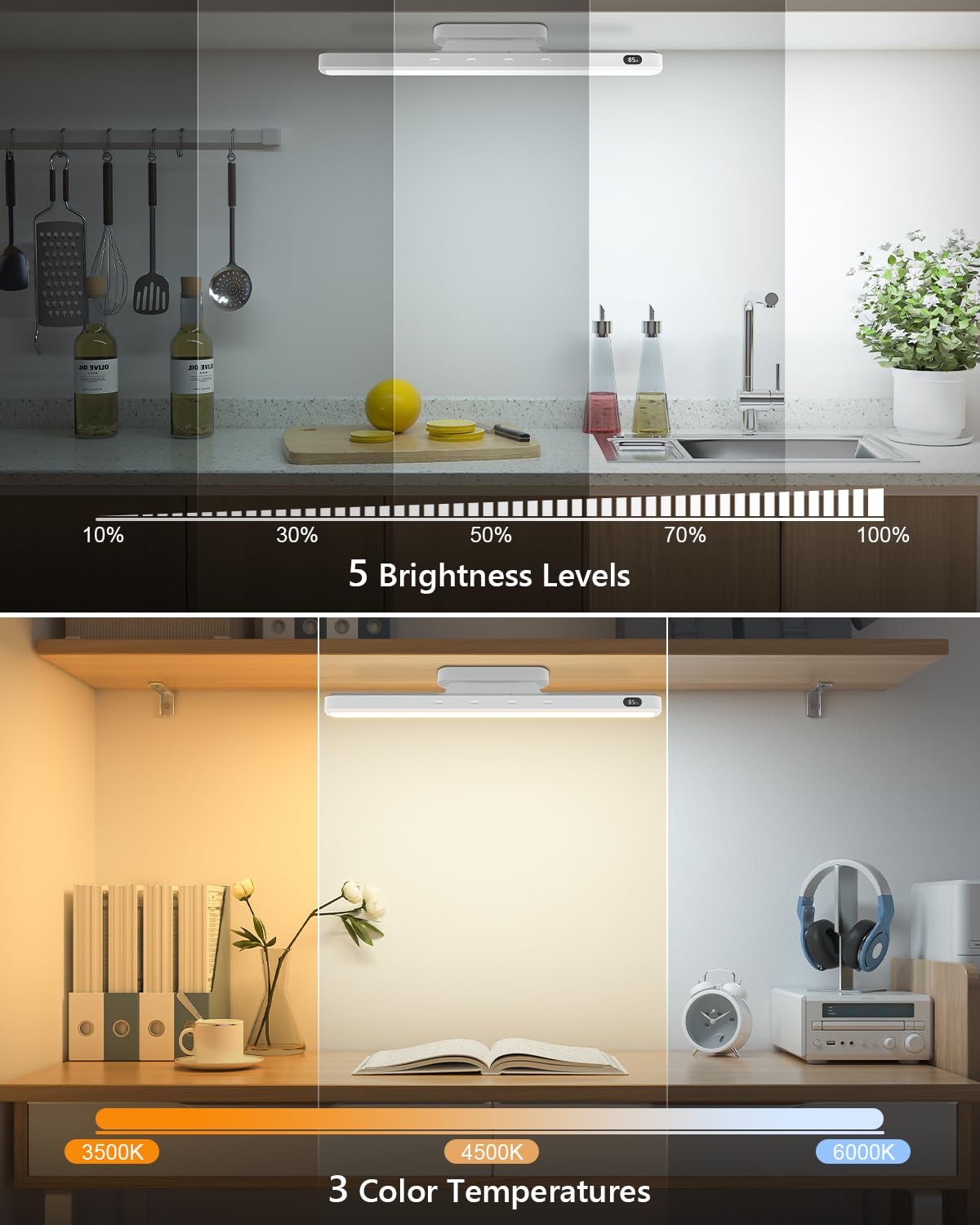 WILLED 5W Vanity Lights for Mirror, Eye-Friendly Mirror Light, 2500mah Rechargeable Under Cabinet Lights with Battery Display, Button Control Magnetic Light Bar for Closet, Bathroom and Desk