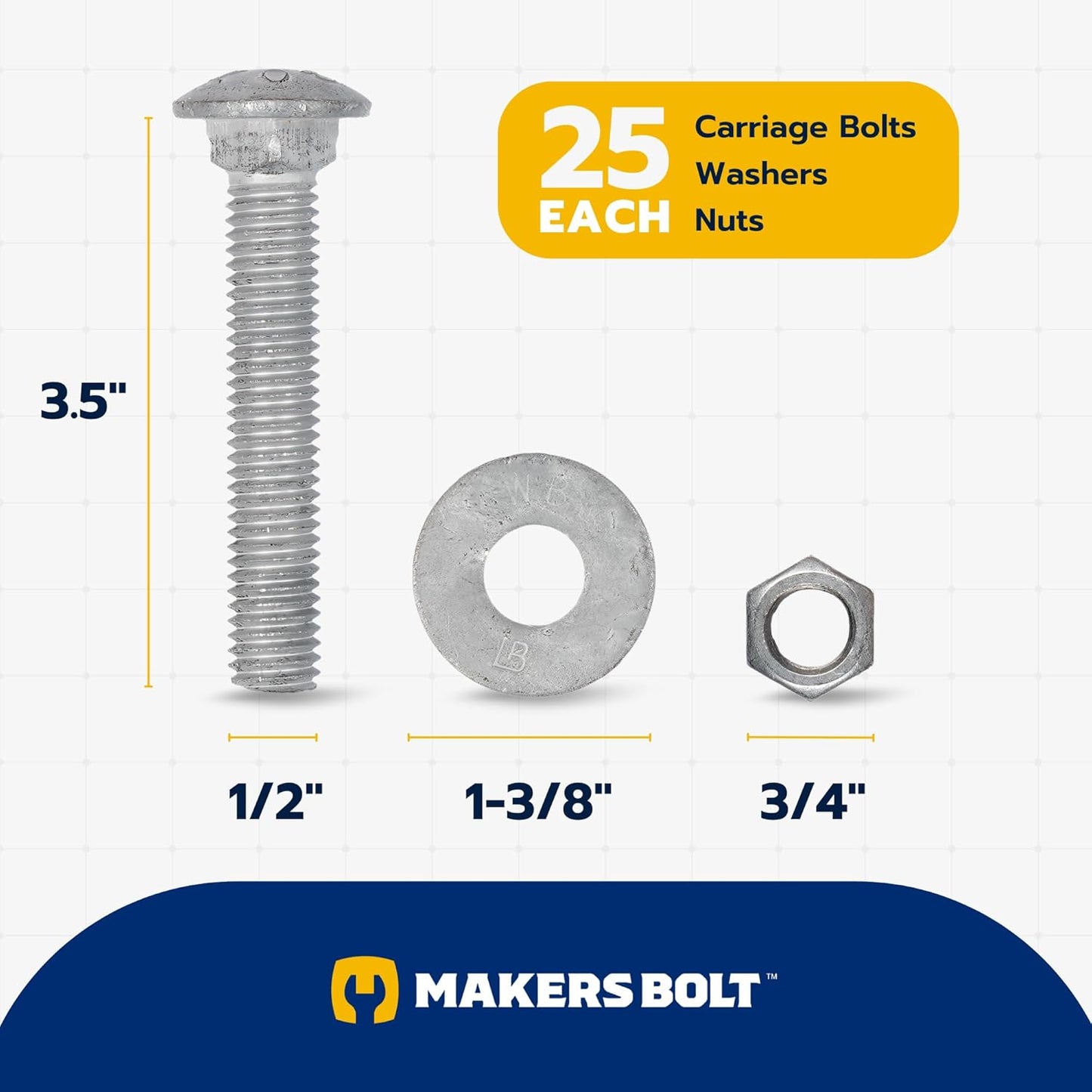 Galvanized Carriage Bolt Kit - 25 Pack 1/2" x 6" with Washers & Hex Nuts for Outdoor Use