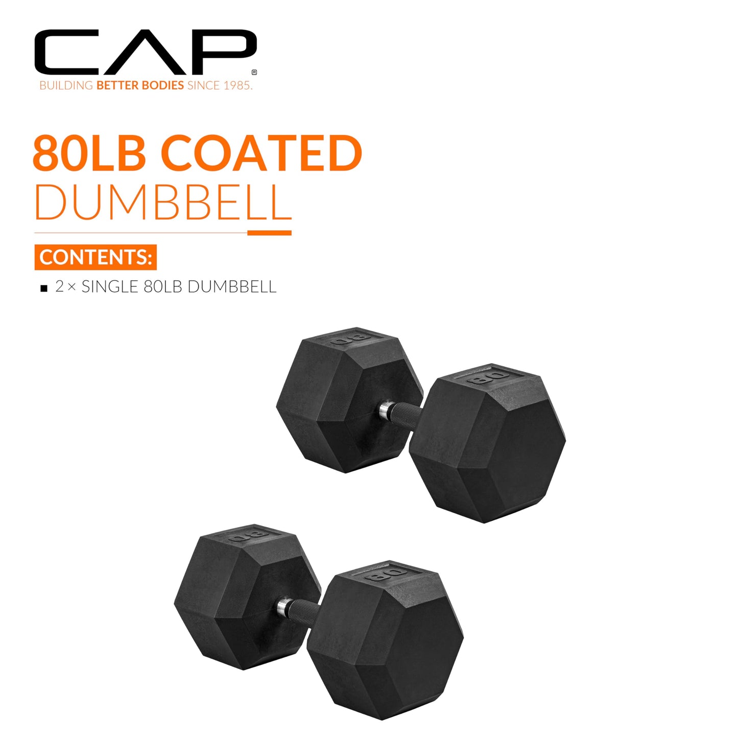 CAP 80 LB Rubber Coated Hex Dumbbell Weight, Rubber Free Weights for Home Gym Strength Training, Comfort Grip Handle, Pair