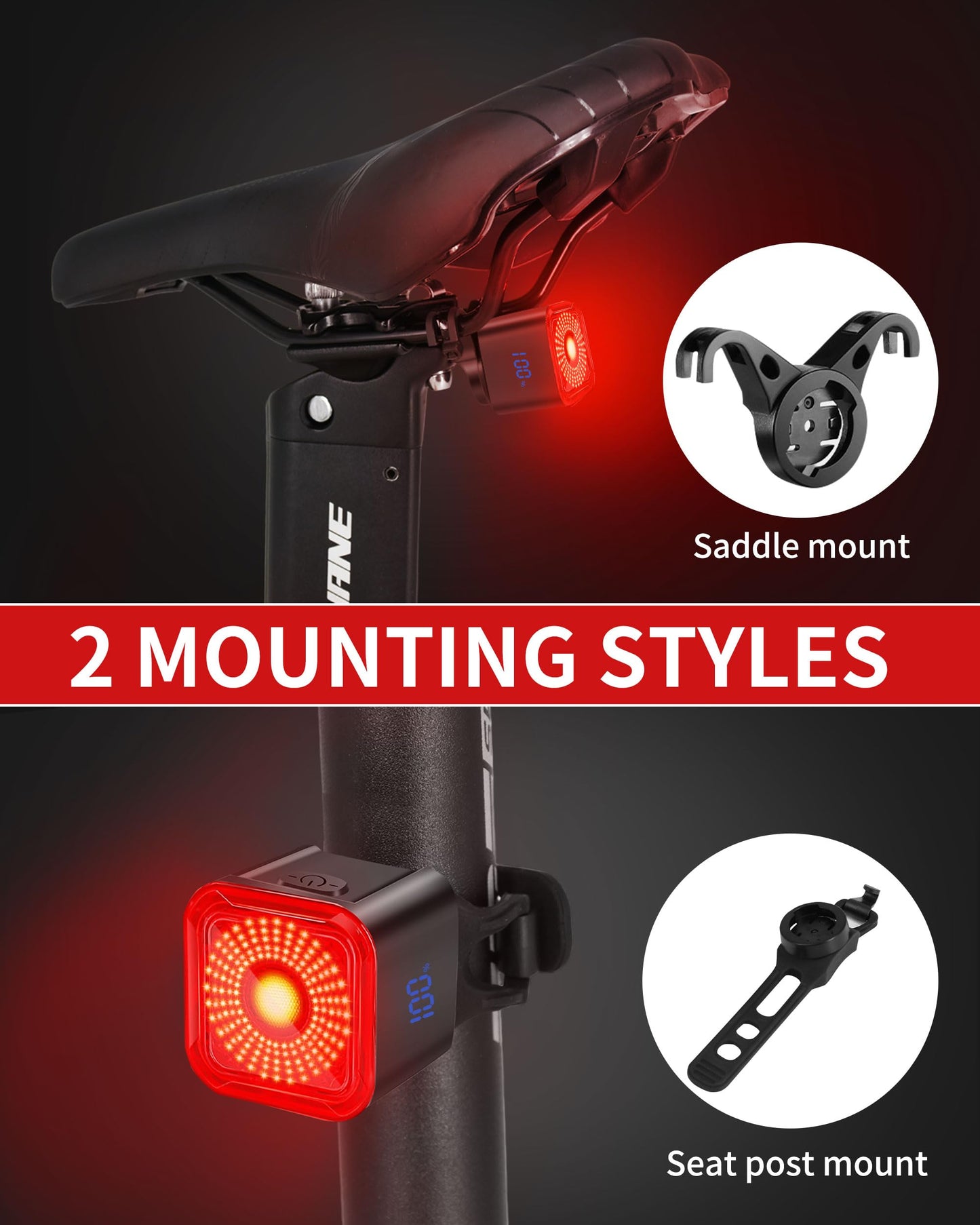 DARKBEAM Bike Tail Light with LED Display Screen, USB-C Rechargeable 6 Light Modes, IP55 Waterproof Bicycle Taillight for Night Riding, Super Bright Rear Bike Light for Road Mountain, 2 Pack