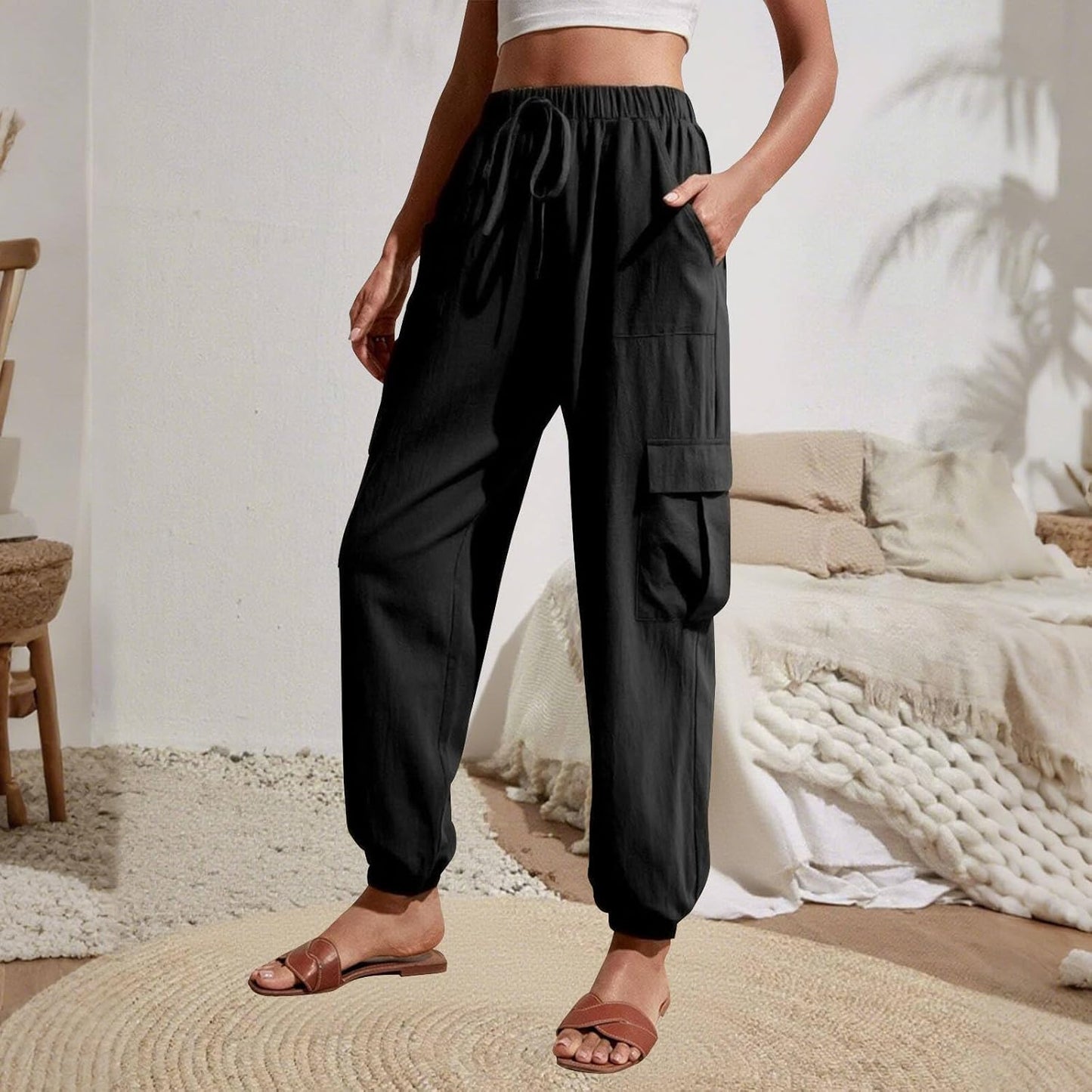 Skiennix High Waisted Jogger Pants - Loose Tapered Cargo Style with Pockets | Comfortable Sweatpants