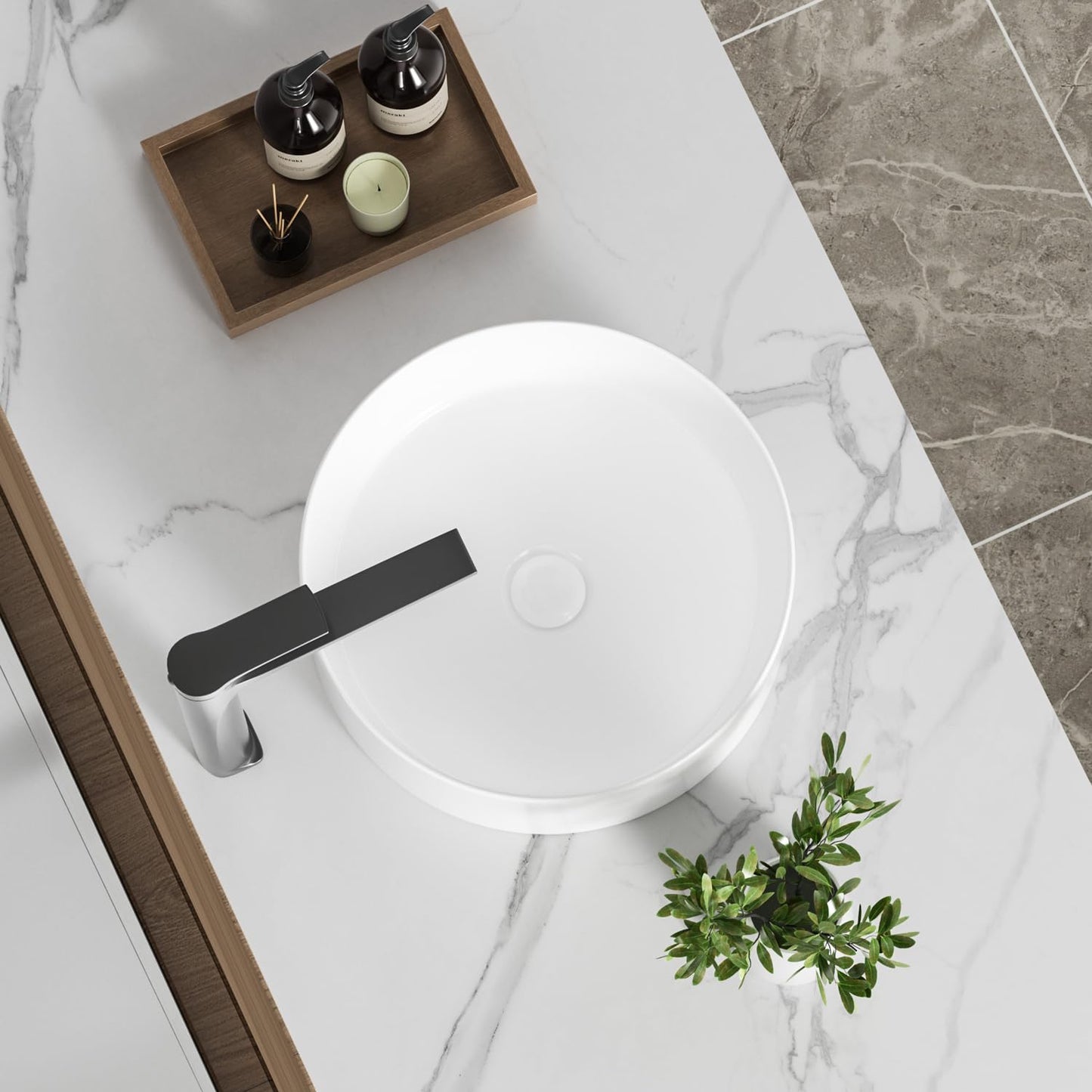 KINGWONG 14 Inch Small Vessel Sink for Bathroom - Round Countertop Modern Above Counter White Ceramic Porcelain Vanity Sink Basin for Cabinet 14 x 14