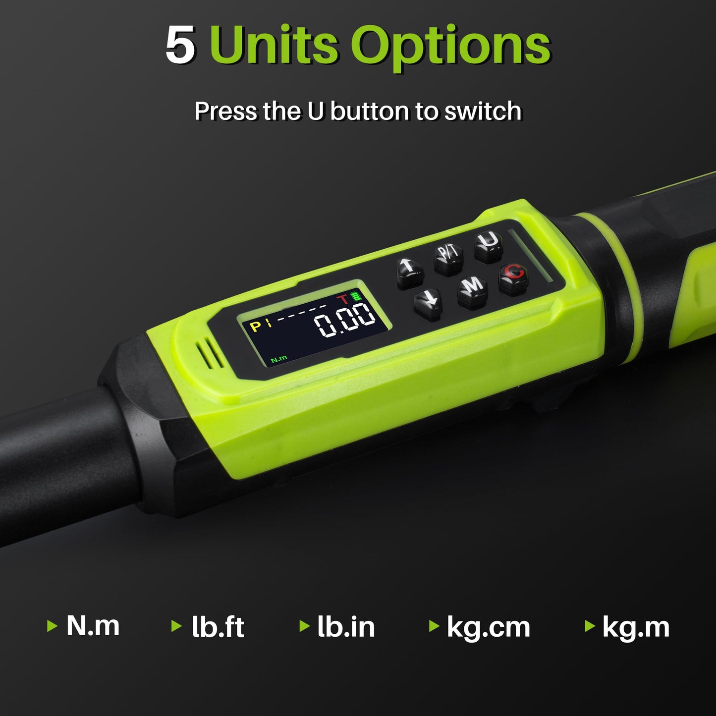 XEIMILE Digital Torque Wrench 3/8"Drive-1.5-99.6Ft.Lb/2.02-135N.m,Electric Torque Wrench With Vibration Buzzer LED Indicator,±2% Accuracy Five Units for Bike Motorcycle Car Auto Repair,DIY,Green Black