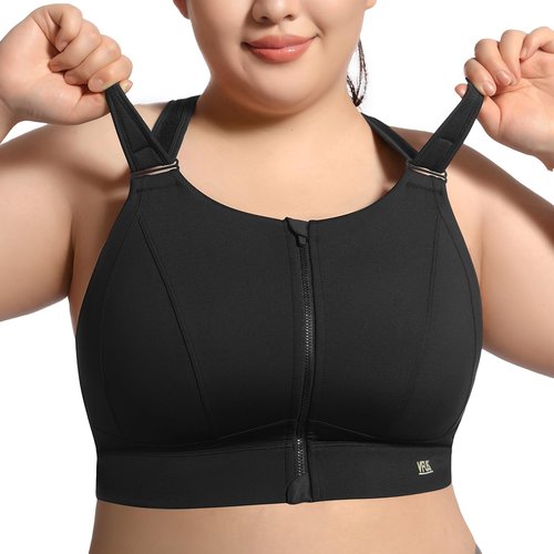 VFUS High Impact Sports Bras for Women Adjustable Zip Front Plus Size Workout Bra Full Coverage Removable Padded Running (XX-Large Plus, Black)