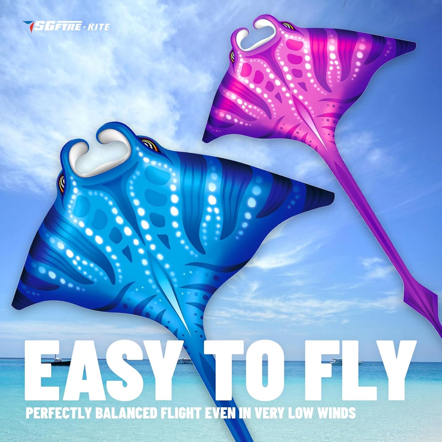 SGftre Butterfly Delta Octopus Kites - Easy to Fly 3-Piece Set for Kids & Adults | Manta Ray Colors (Blue, Pink)