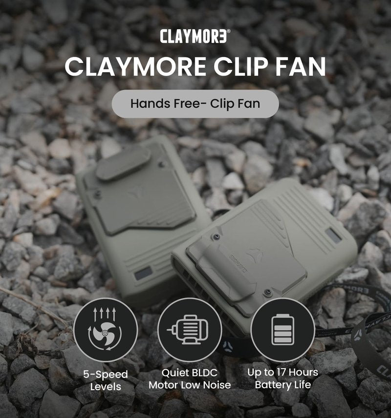 Claymore Clip Fan Khaki – Portable Rechargeable Neck Waist Wearable Fan with 5200mAh Battery, 5-Speed Quiet BLDC Motor, Hands-Free Neck Strap Design, USB-C Charging Camping, Hiking, Outdoor Use