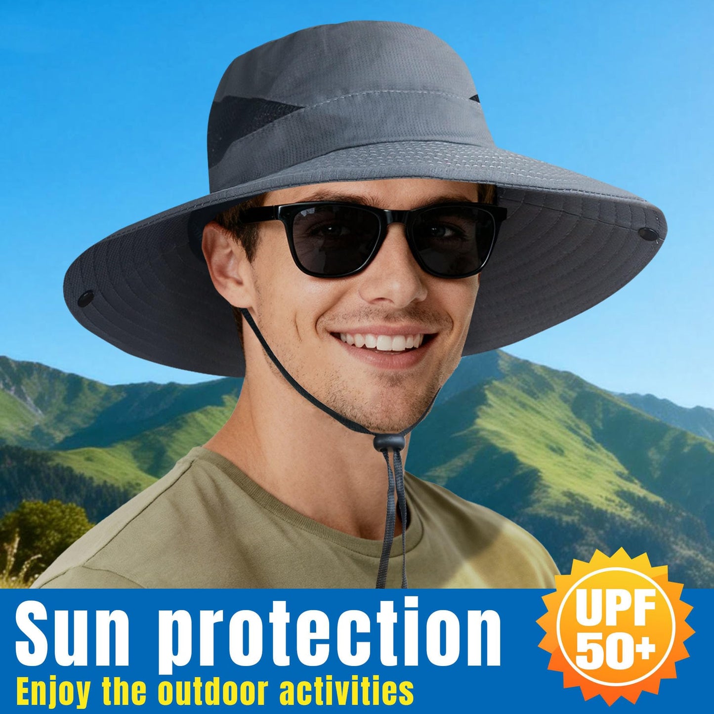 NPJY Sun Bucket Hats Wide Brim Fishing Hat UPF 50+ Beach Outdoor Hiking Hats Black