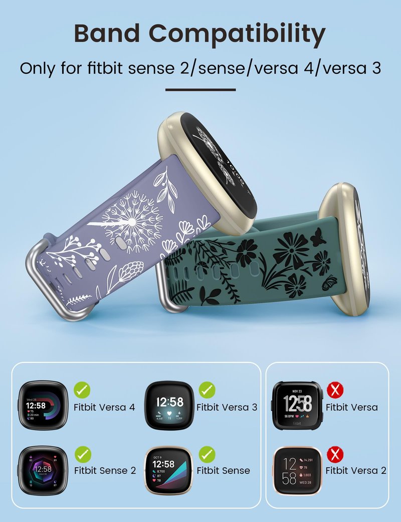 Wearlizer 2 Packs Floral Engraved Band Compatible with Fitbit Versa 4 Bands for Woman/Versa 3/Sense 2/Sense Bands Women, Cute Two-Tone Flower Soft Silicone Sport Strap