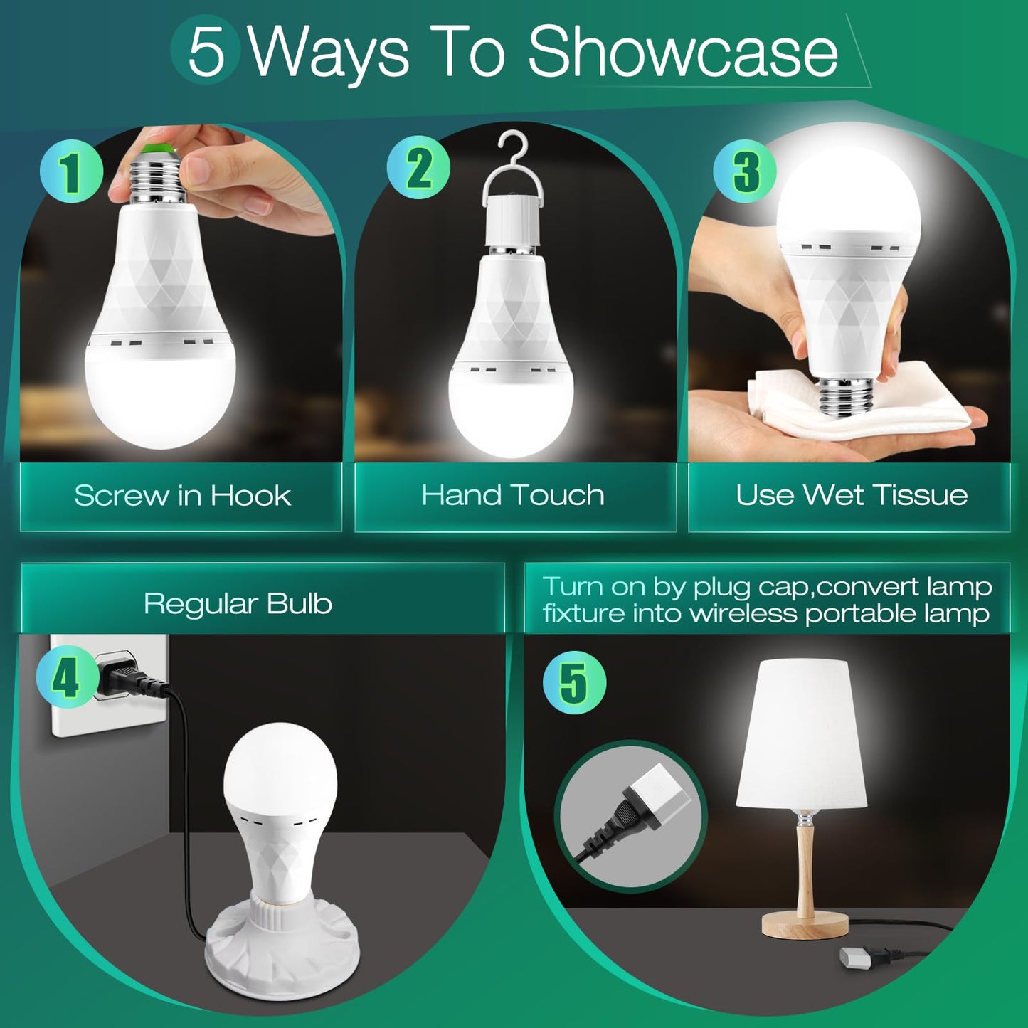 MOSLIAN Emergency-Rechargeable Light Bulb with Hook,Stay Lights Up When Power Failure, 1500mAh 12W 60W Equivalent LED Light Bulbs for Home, Camping, Hiking(E27, with Hook,with Plug Cap) 2 Pack