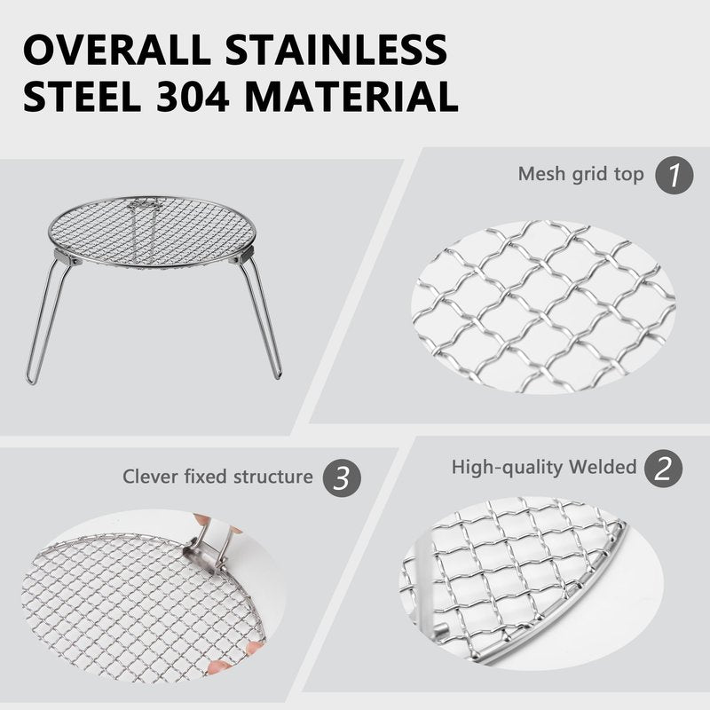 RROMATELX Small Folding Camping Grill，304 Stainless Stee Portable Camping Stove，Campfire Grate，Heavy Duty Rack Camping with Carrying Bag for Outdoor Cooking Backpacking Hiking Picnic BBQ