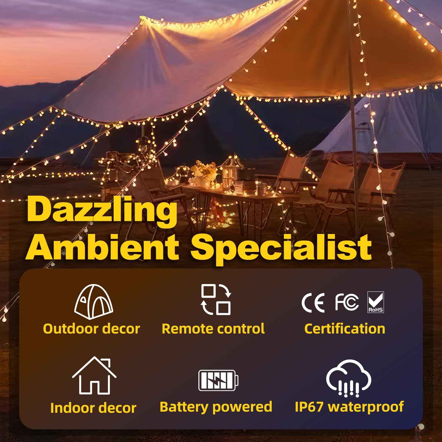 XZAI Globe Fairy String Lights, 33Ft 100LED Battery Operated with Remote, IP67 Waterproof Indoor Outdoor Hanging Crystal Beads for Home Party Patio Garden, Warm Yellow