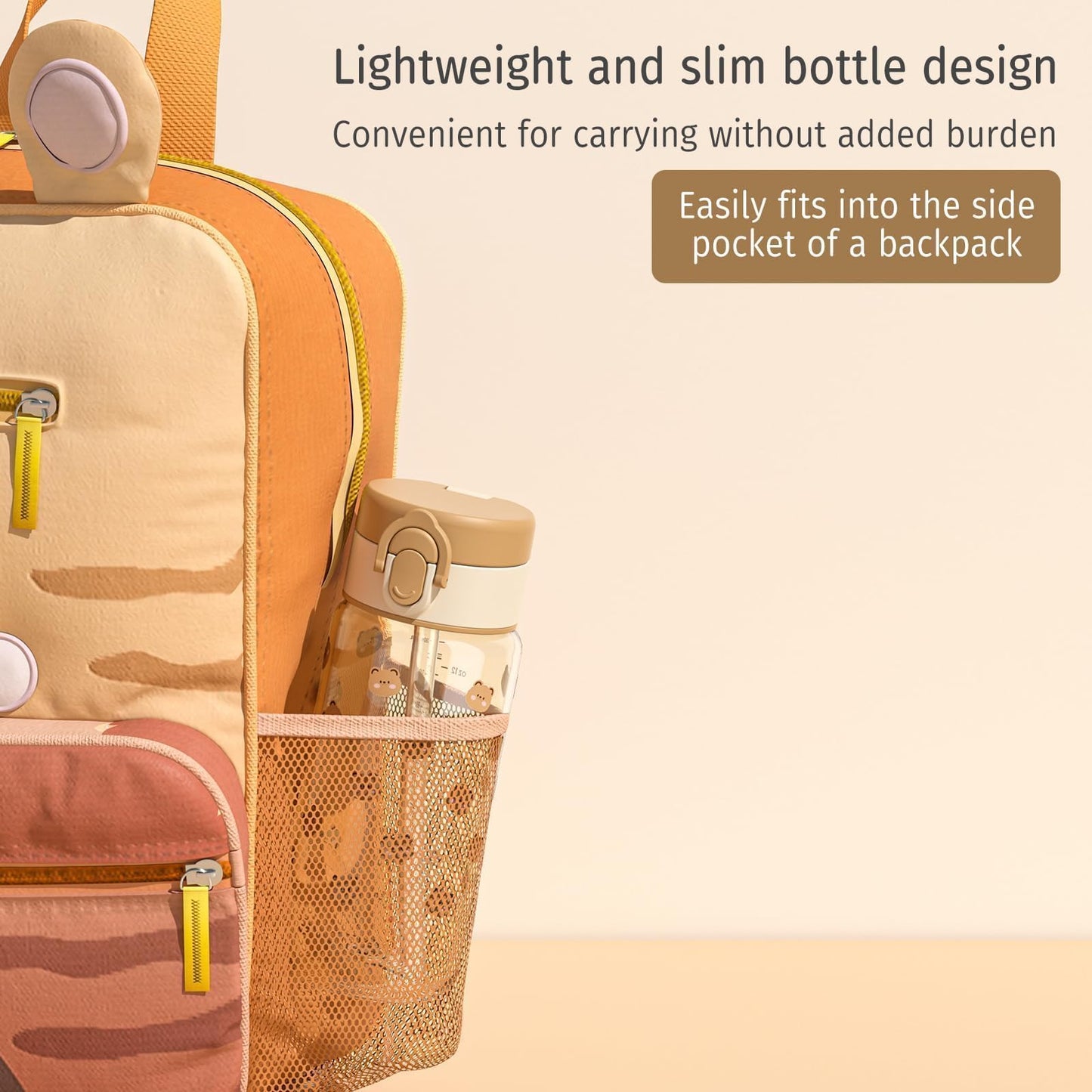 Evorie Tritan Kids Water Bottle with Straw, 13oz BPA-Free Leak-Proof Drinking Bottle for School & Travel, Lightweight Clear Water Bottle, Dishwasher Safe, for Kids Ages 3+ (Honey Bear)