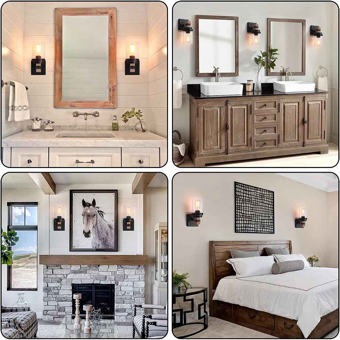 Farmhouse 2-Light Vanity Lights for Bathroom - Rustic Black Wood & Glass Sconces