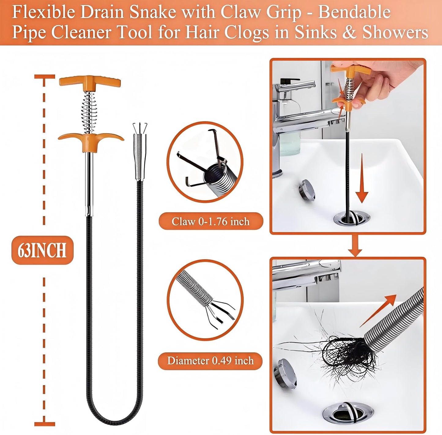 63 Inch Drain Snake Hair Drain Clog Remover Tool, Flexible Sink Snake Drain Cleaner Tool Set, Plumbing Snake for Toilet Sewer Shower Kitchen Bathroom Tub Clogged Hair Removal Cleaning Tool Set
