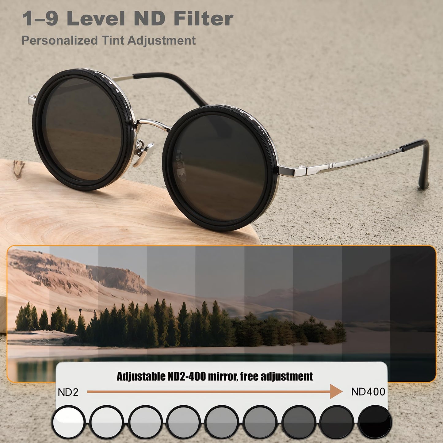 ZWJ Adjustable Tint Sunglasses, ND Filter 1–9 Levels Stepless Adjustment, Lightweight Steampunk Retro Metal Round Polarized Glasses for Men and Women (Silver)