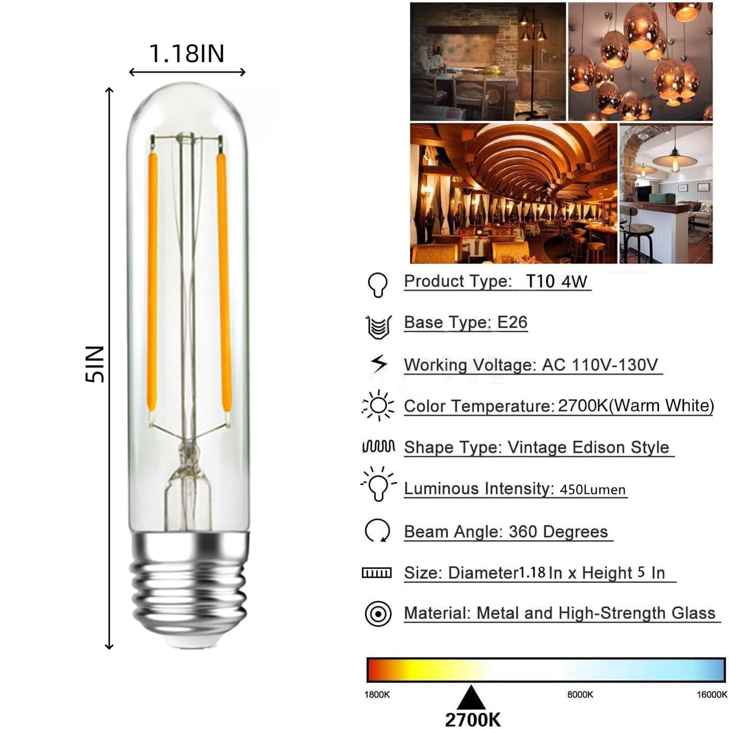 LHYueTong T10 LED Light Bulbs, Non dimmable E26 Edison Bulb, 4W Equals 40W Equivalent, Warm White, 2700K, 350LM for Rustic Pendant, Chandeliers, Wall Sconces,Vanity, Pack of 6