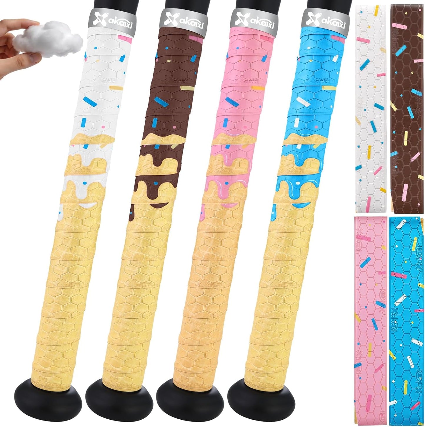 Skiennix Ice Cream Drip Baseball Bat Grip Tapes - Non-Slip, Sweat-Absorbent Wrap | 2/4 Pack, 0.5mm/1.1mm/1.75mm