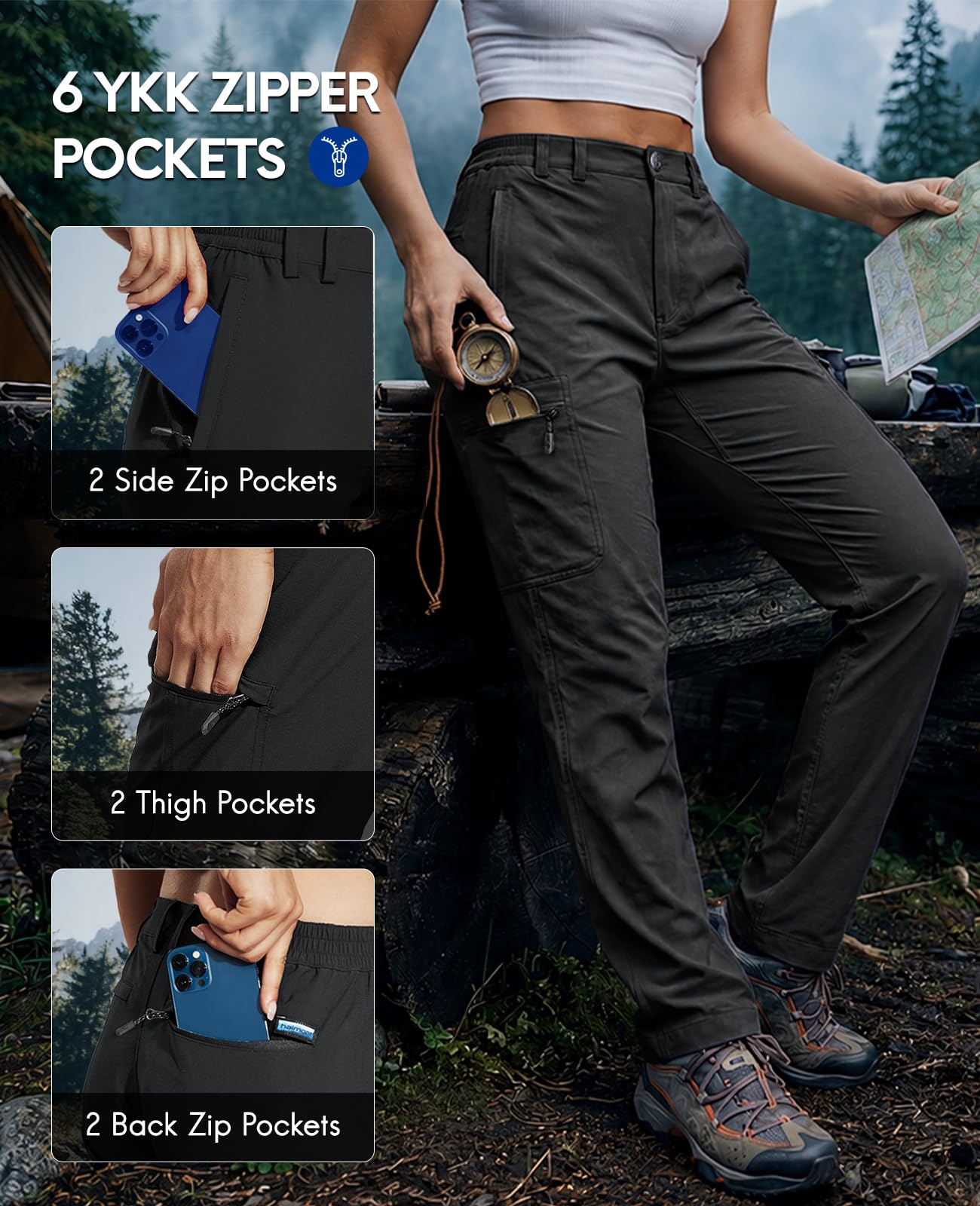 Haimont Women's Lightweight Water-Resistant Hiking Cargo Pants Black L