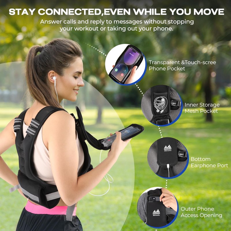 BIBIVENTA Adjustable Weighted Vest, 4-10lb Body Weight Vest with Touchscreen Phone Holder & 6 Ironsand Weights for Women & Men, Workout Equipment for Weight Loss, Fitness, Walking, Running, Cardio, Strength Training