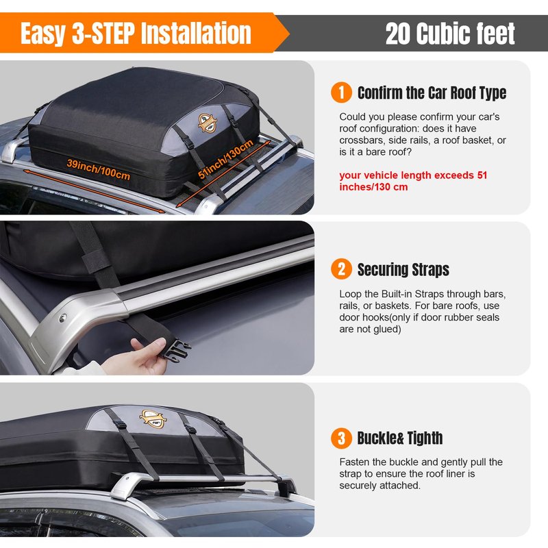 Sailnovo Rooftop Cargo Carrier Roof Bag, 20 Cubic feet Soft Waterproof Car Roof Bag fit Cars with/Without Rack, 6 Tie-Down Straps, 6 Door Hooks, Foldable Car Top Carrier for Road Trip Camping Travel