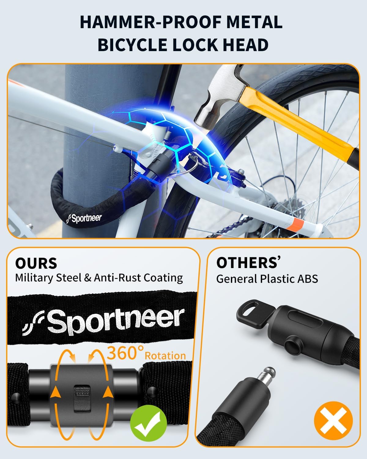 Sportneer Bike Lock - High Security 8mm Thick Anti-Theft Chain Lock | 3.2/4ft Heavy Duty with 2 Keys
