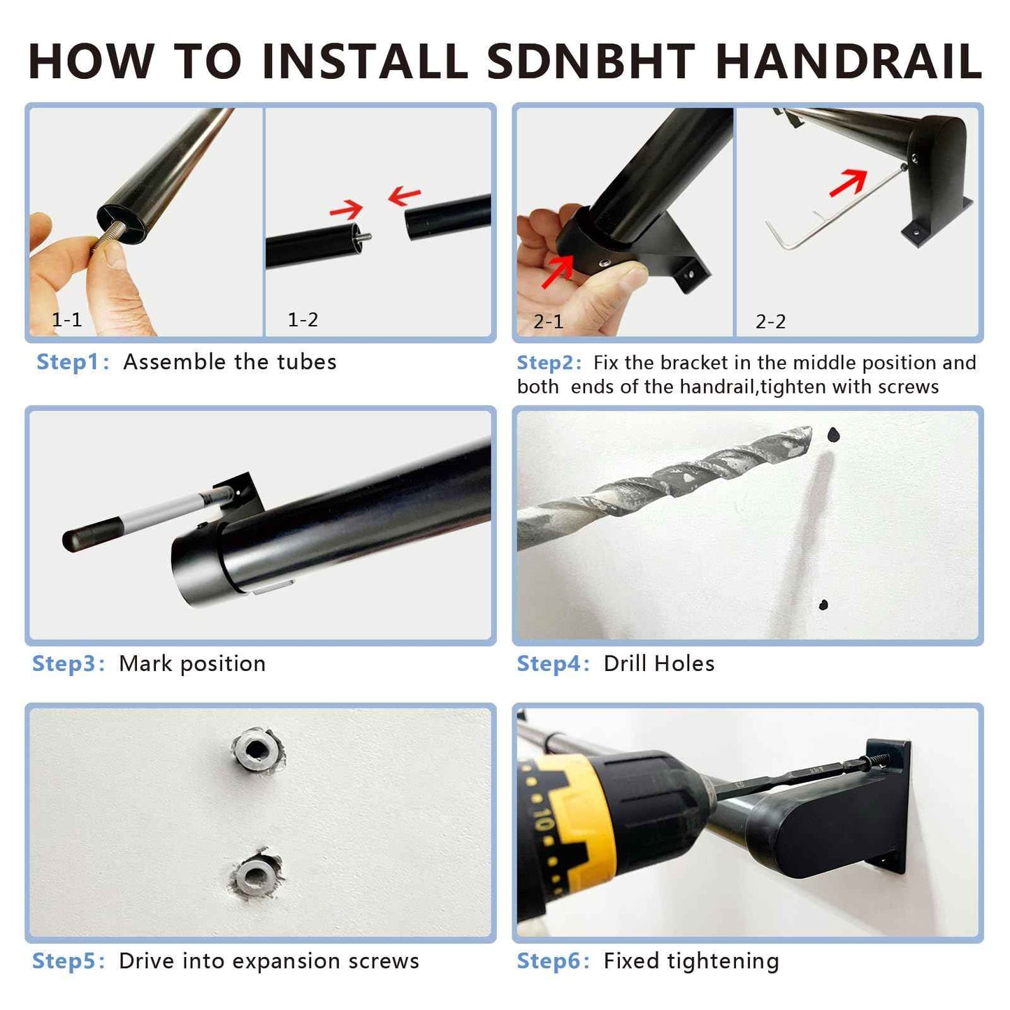 SDNBHT Industrial Stair Railing Metal Hand Rails for Indoor Stairs Wall Mount Staircase Handrails 1.5" Pipe Stair Handrail for Steps Black Aluminum Stairway Railing for Outdoor & Indoor Stairs 8ft