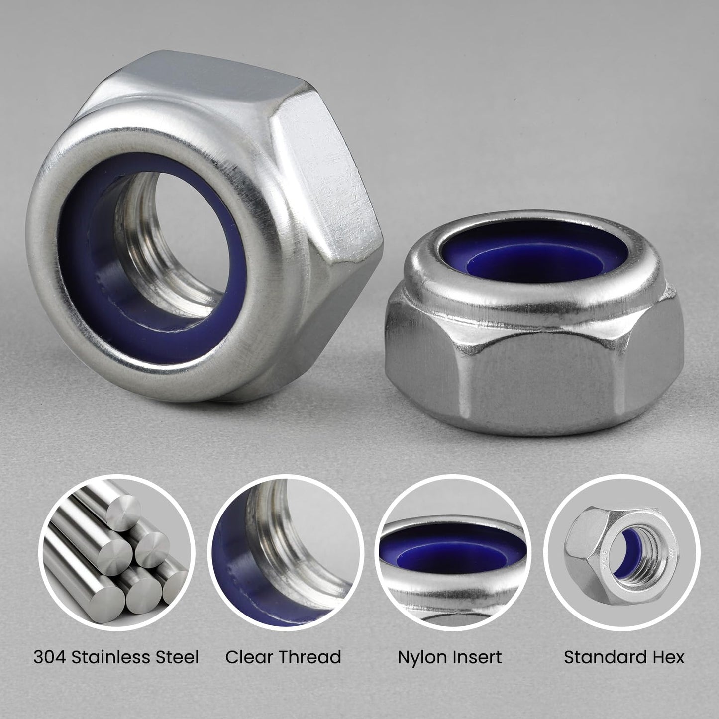 BNUOK 206PCS Metric Locknuts and Hex Nuts Assortment Kit, M3 M4 M5 M6 M8 M10 Nylon Insert Lock Nuts Set, 304 Stainless Steel Hex Nut Nylock Nut