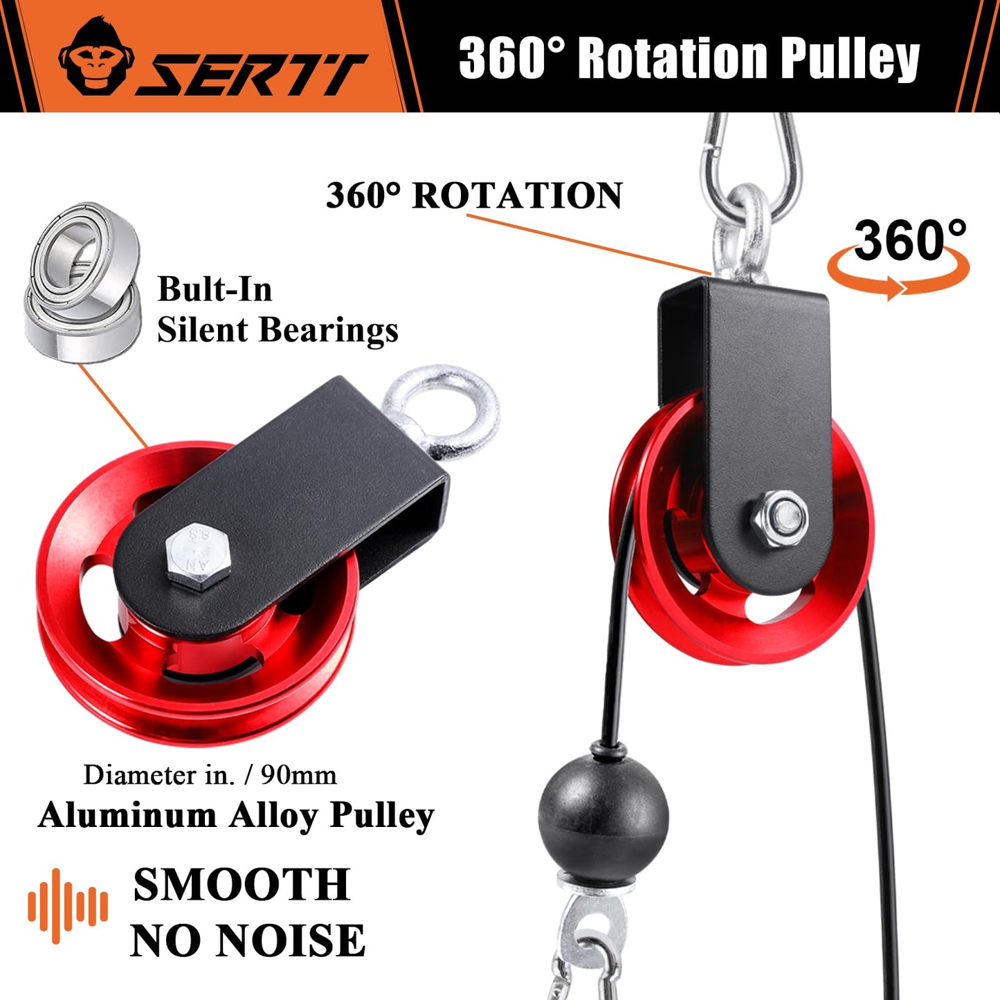 SERTT [1 Pack] Cable Pulley Wheel for Home Gym Pulley System, Upgraded 90mm Aluminium Alloy Gym Pulley for Maximum 660LBS Load